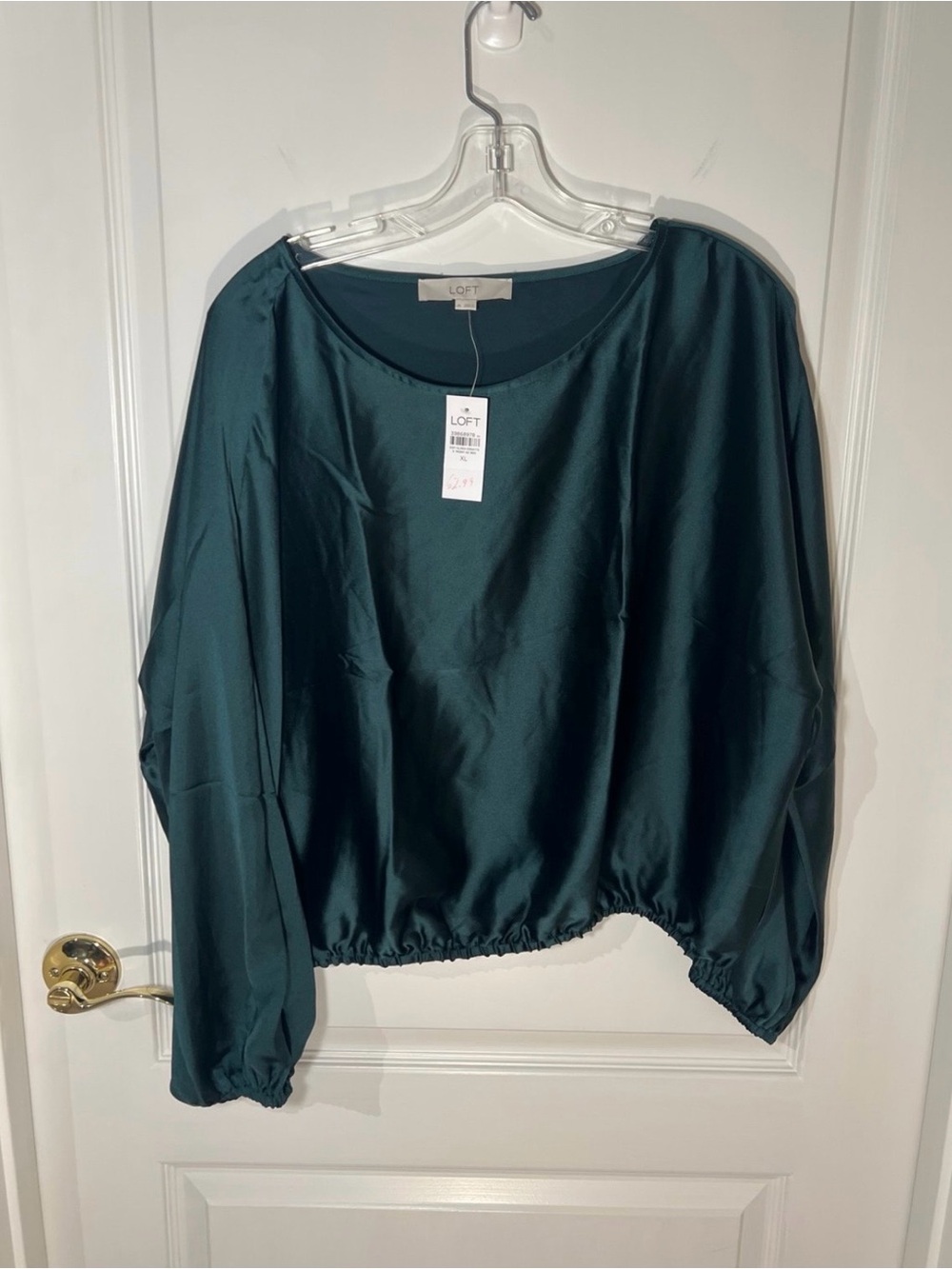 LOFT Teal Satin Long Sleeve Elastic-Hem Top